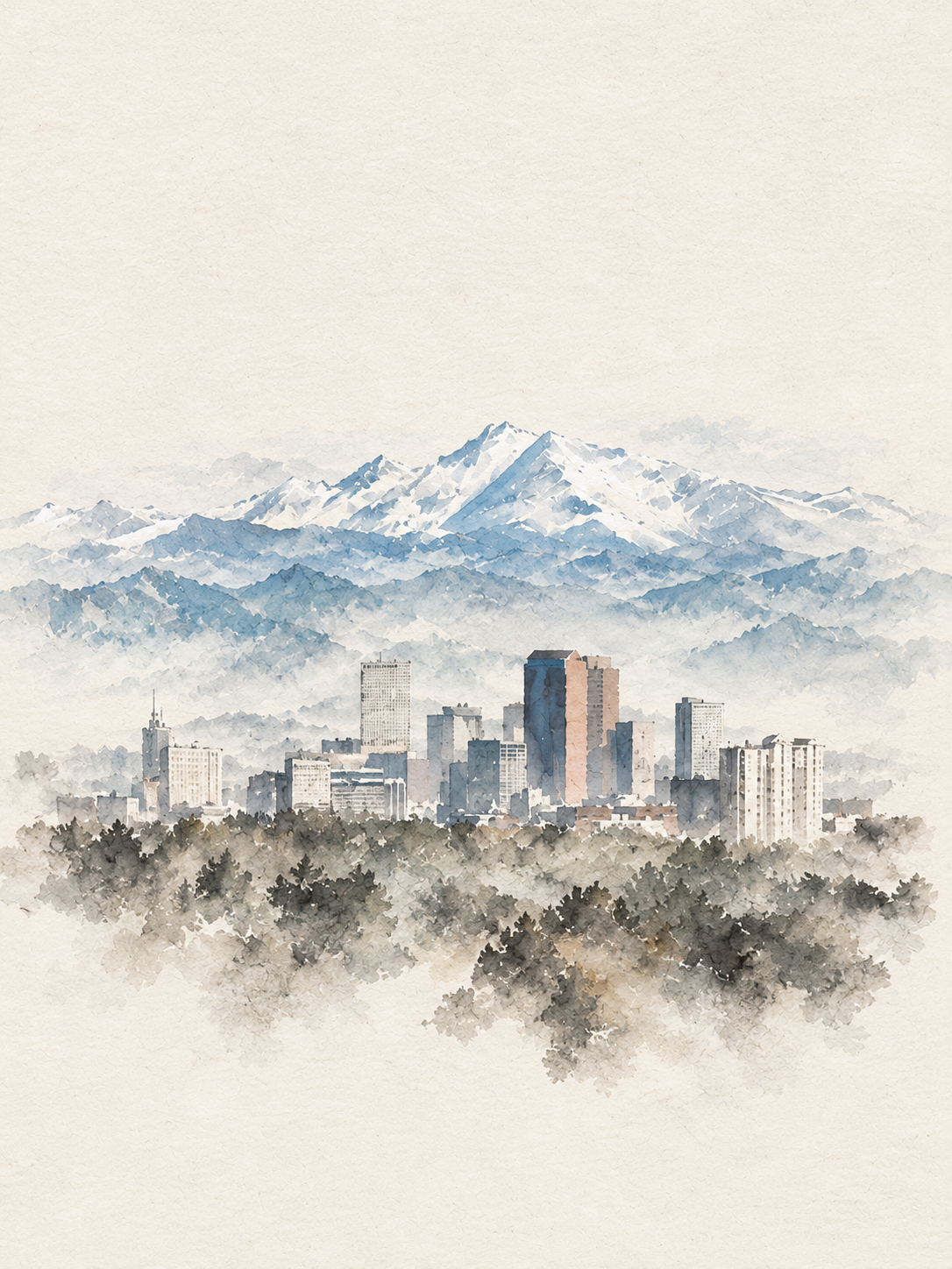 Watercolor of the Denver skyline beneath snowy peaks